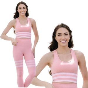 Savvi Fit Pink Bra and Leggings Set with White Accent Stripes